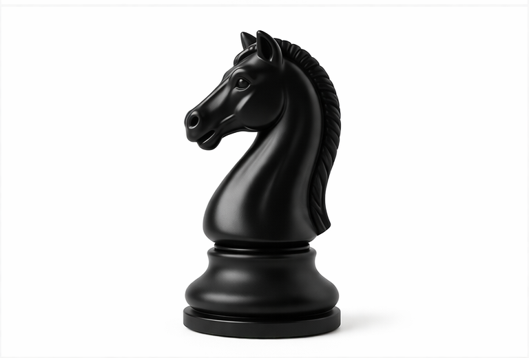 A black chess knight piece standing against a white background.